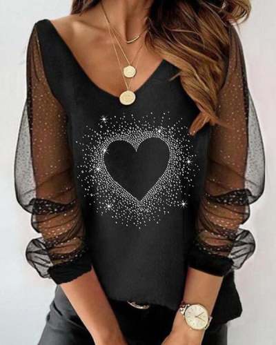Sequined Love Print V-Neck Long Mesh Sleeves Chic Tops S-5XL