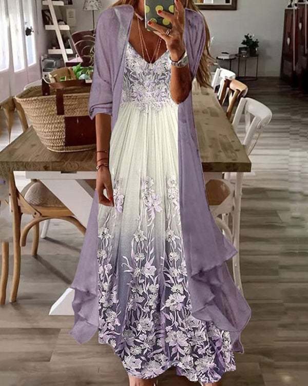 Two Piece Casual V Neck Floral Print Long Dress S-3XL