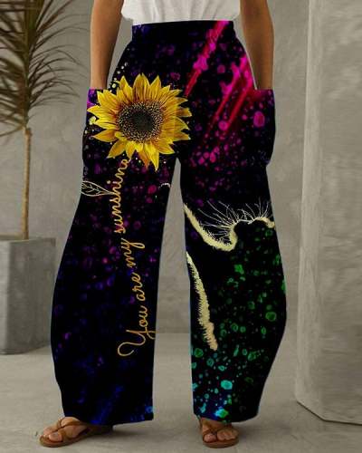 Women's Retro Casual Loose Long Sunflower Print Pants S-5XL