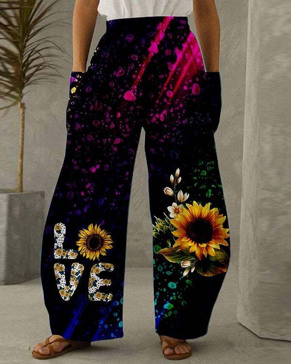 Women's Retro Casual Loose Long Yellow Sunflower Print Pants S-5XL