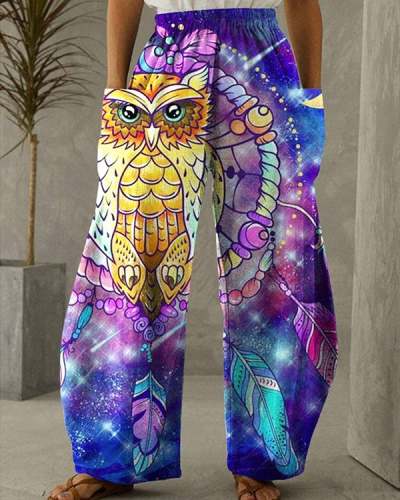 Women's Dreamcatcher Feather Owl Print Vintage Casual Loose Pants S-5XL