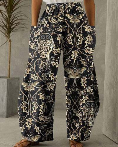 Women's Vintage Owl and Moth Gold Print Loose Pants S-5XL