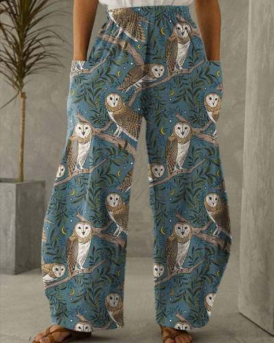 Women's Owl Moon Print Vintage Casual Loose Pants S-5XL