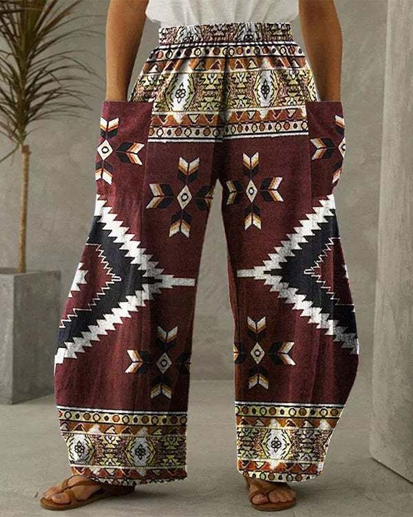 Women's Retro Geometric Print Pocket Wide-Leg Pants S-5XL