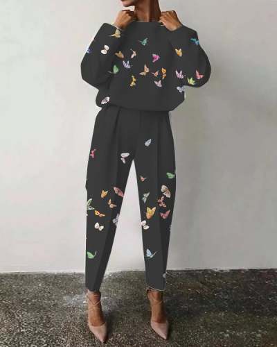 Casual Butterfly Print Round Neck Suit