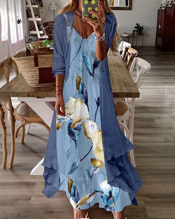 Casual V Neck Floral Print Long Dress S-3XL