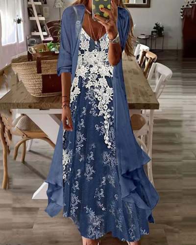 Two Piece Casual V Neck Floral Print Long Dress