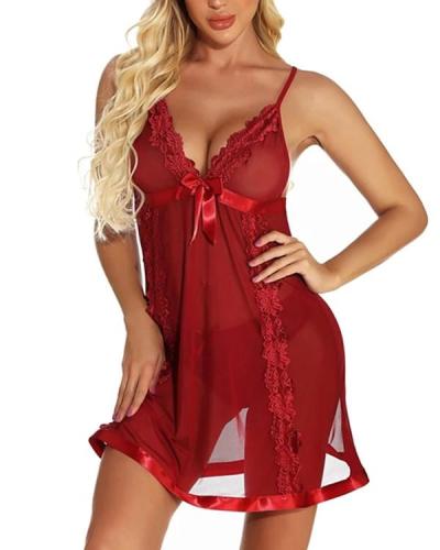 Women's Lace Backless Bow Suits Nightwear Solid Colored Wine
