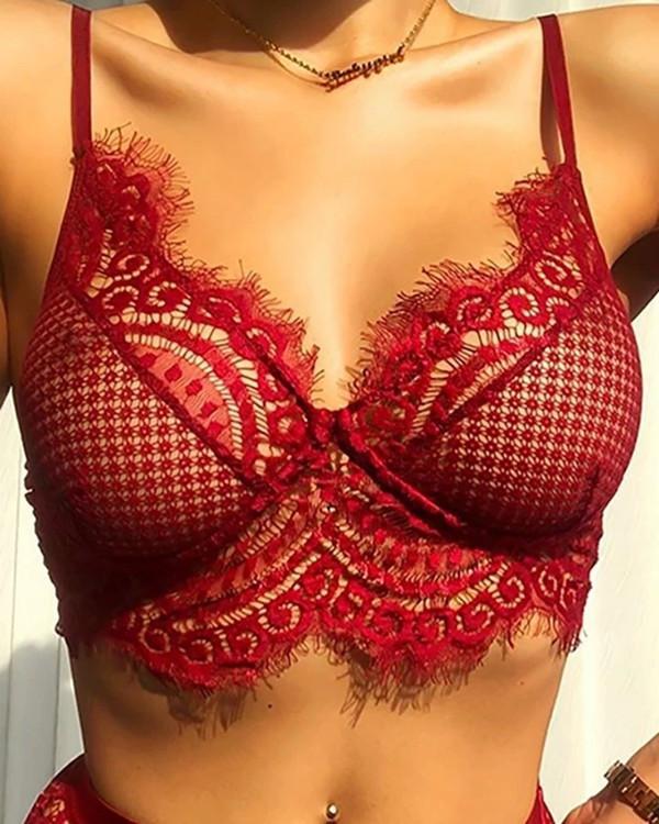 Spaghetti Strap Eyelash Lace Bra Set