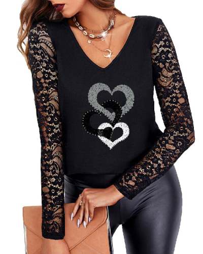 Valentine's Day Lace Panel Crew Neck Zip Raglan Long Sleeve Printed Casual Top