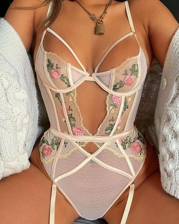 Sexy Lace Cutout Print Bodysuit Lingerie