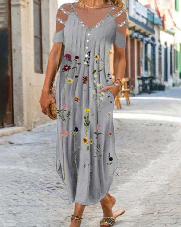 Casual Floral V-Neck Off-Shoulder Dress