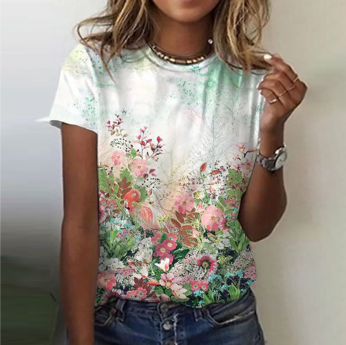 Floral Print Women's Crew Neck Short-sleeved T-shirt