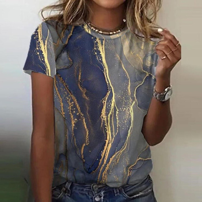 Marble Print Women's Crew Neck Short-sleeved T-shirt