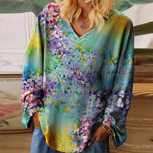 Tie-dyed Colorful Floral Print Trendy Long-sleeved Tee