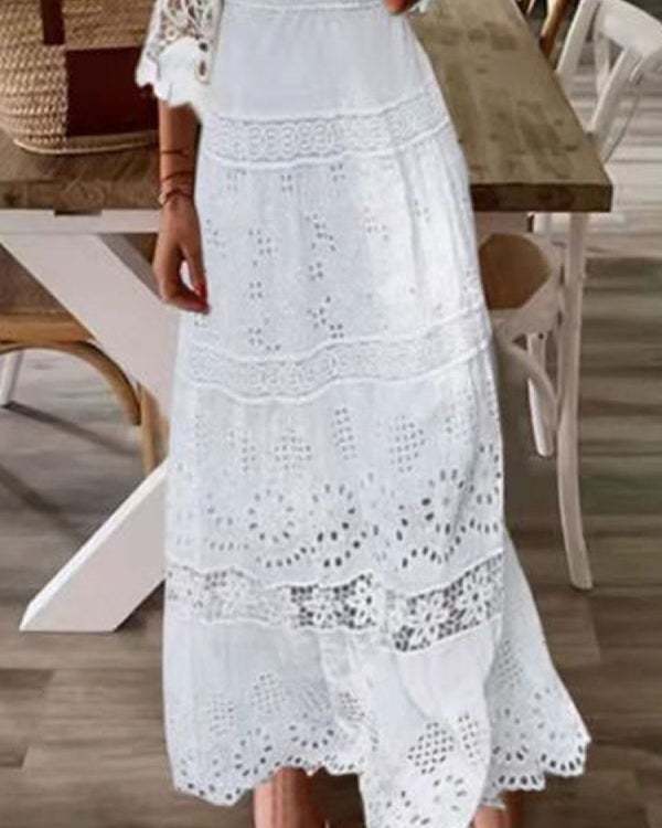 Solid Hollow Lace Casual Maxi Dress