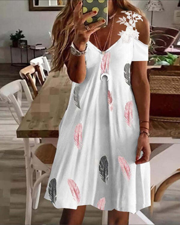 US$ 27.99 - Feather Print Lace Sexy Slip Dress - www.tangdress.com