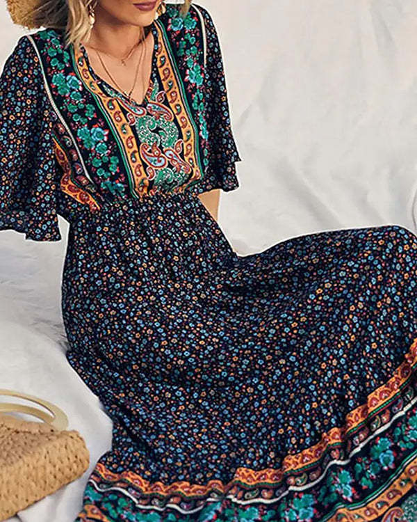 Casual Vintage Boho V-Neck Print Dress