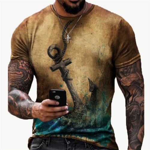 3D Graphic Printed Short Sleeve Shirts  Big and Tall Round Neck Yellow Gray Dark Gray