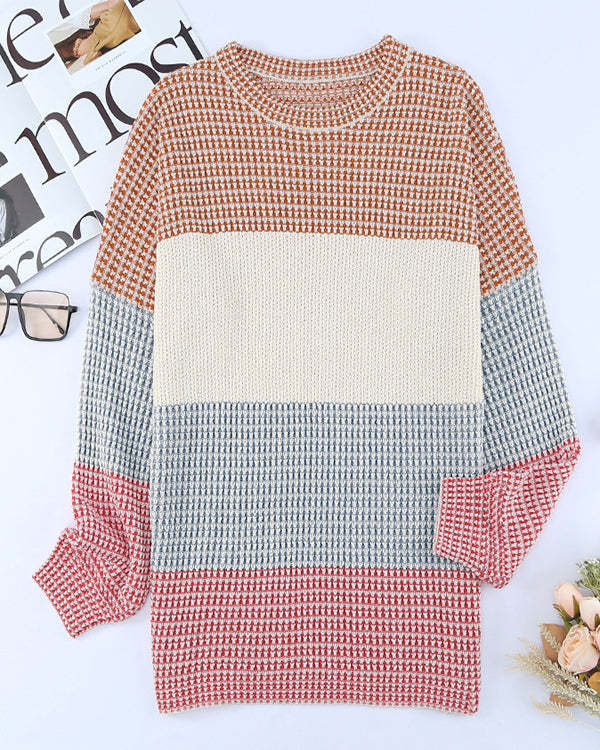 New Loose Crew Neck Contrast Stripe Knit Top