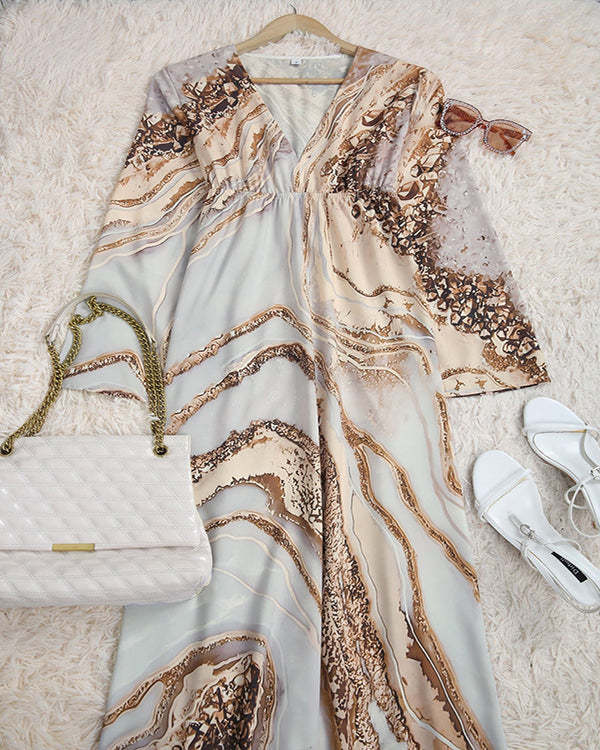 Gold Beach Marble Print Long Sleeve Maxi Dress