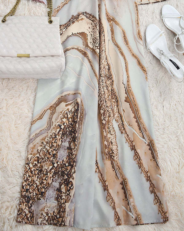 Gold Beach Marble Print Long Sleeve Maxi Dress