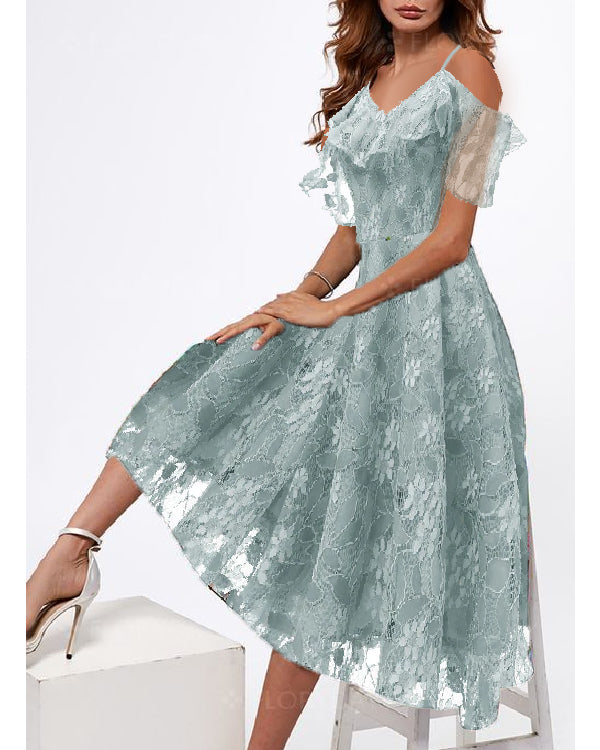 US$ 39.99 - Off Shoulder Lace Mesh Waist Retro Dress - www.tangdress.com
