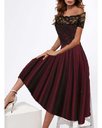 Short-Sleeve Off-Shoulder Lace Mesh Waist-Up Vintage Dress