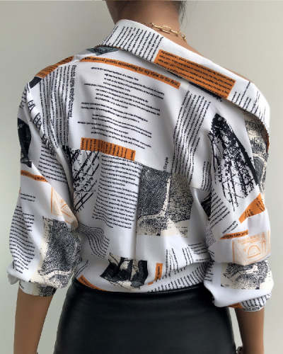 New Loose Plus Size Print Lapel Long Sleeve Ladies Shirt Top