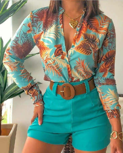 Printed Stand Collar Long Sleeve Shirt Ladies Suit