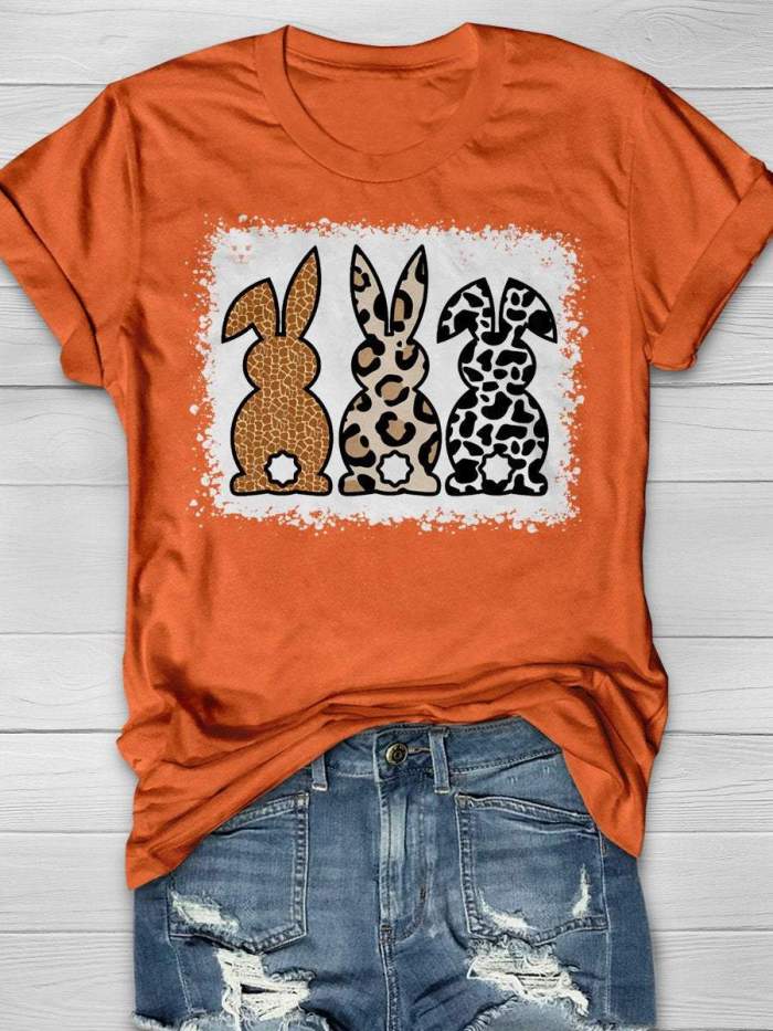 Easter Leopard Bunny Bleach Print Short Sleeve T-shirt