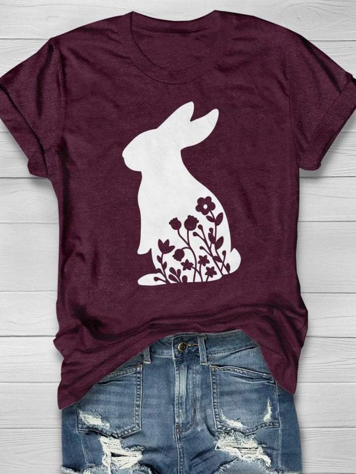 Floral Bunny Print Short Sleeve T-shirt