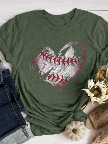 Retro Baseball Heart Print Short Sleeve T-shirt