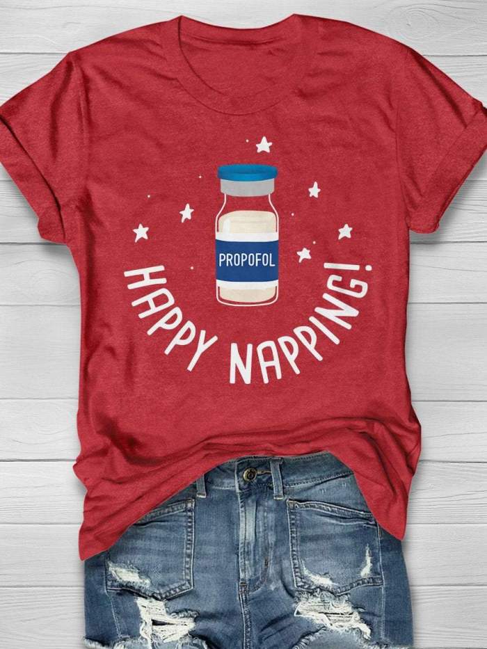 Happy Napping Print Short Sleeve T-shirt