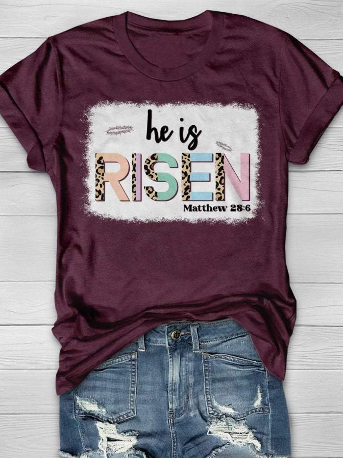 He Is Risen Matthew 28:6 Happy Easter Bleach Print Short Sleeve T-shirt