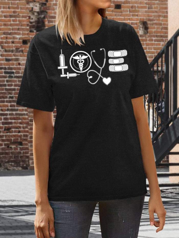 Love Nurse Life Print Short Sleeve T-shirt