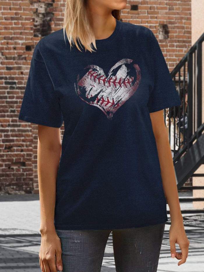 Retro Baseball Heart Print Short Sleeve T-shirt