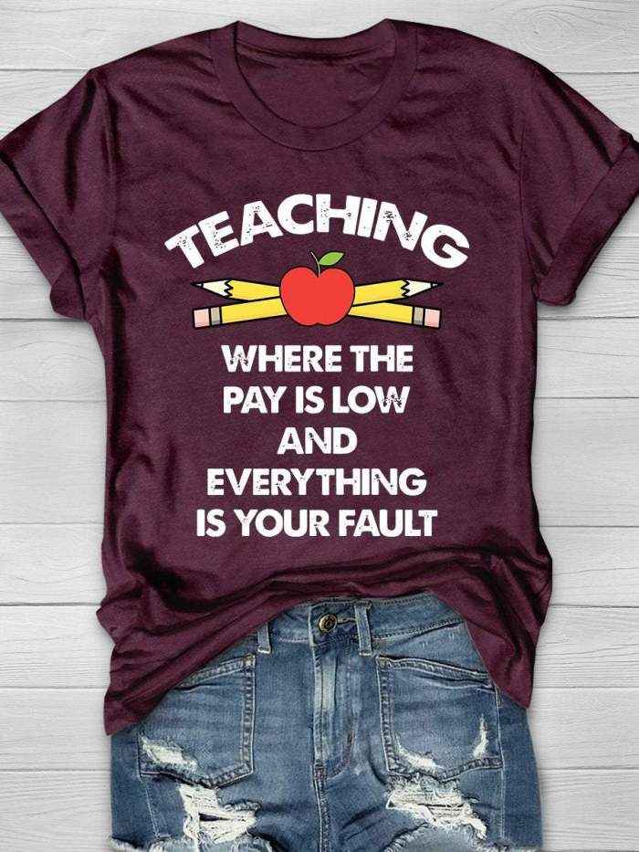 Funny Teacher Print Short Sleeve T-shirt