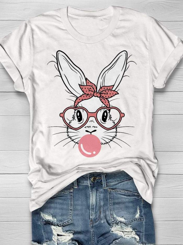 Cute Bunny Rabbit With Bandana Glasses Bubblegum Print Short Sleeve T-shirt