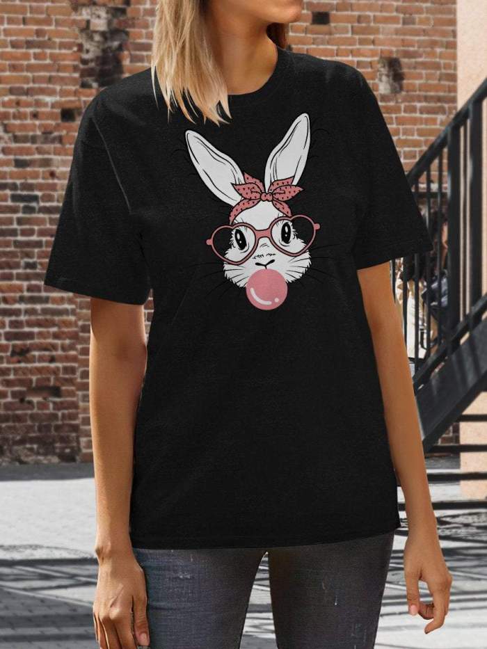 Cute Bunny Rabbit With Bandana Glasses Bubblegum Print Short Sleeve T-shirt
