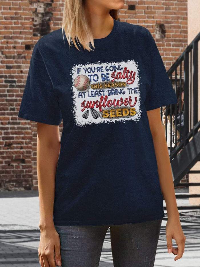 Salty Sunflower Seeds Baseball Print Short Sleeve T-shirt