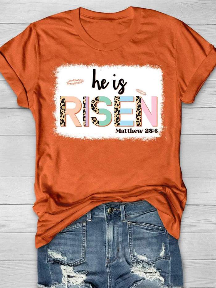 He Is Risen Matthew 28:6 Happy Easter Bleach Print Short Sleeve T-shirt