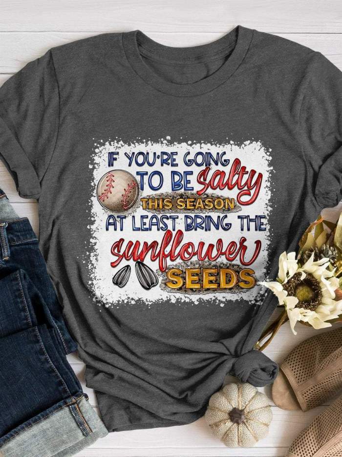 Salty Sunflower Seeds Baseball Print Short Sleeve T-shirt