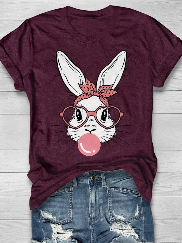 Cute Bunny Rabbit With Bandana Glasses Bubblegum Print Short Sleeve T-shirt