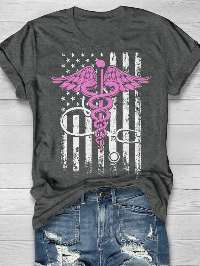 Cute Proud Nurse Flag Gifts Nursing School Student Print Short Sleeve T-shirt