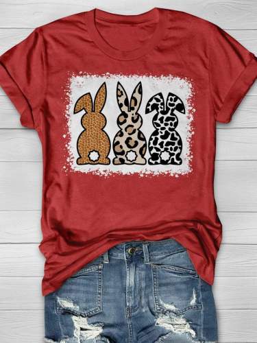 Easter Leopard Bunny Bleach Print Short Sleeve T-shirt