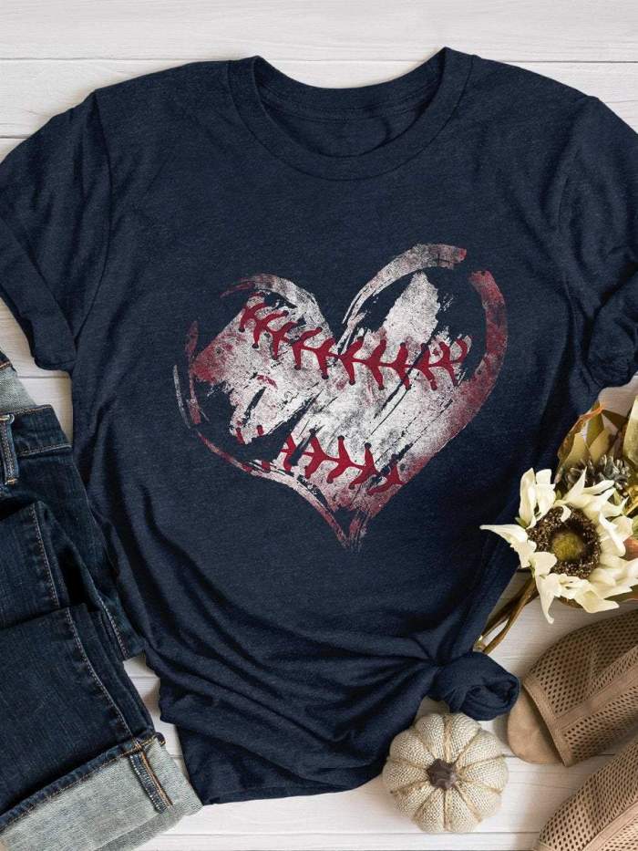 Retro Baseball Heart Print Short Sleeve T-shirt