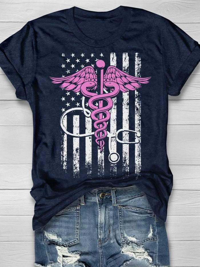 Cute Proud Nurse Flag Gifts Nursing School Student Print Short Sleeve T-shirt