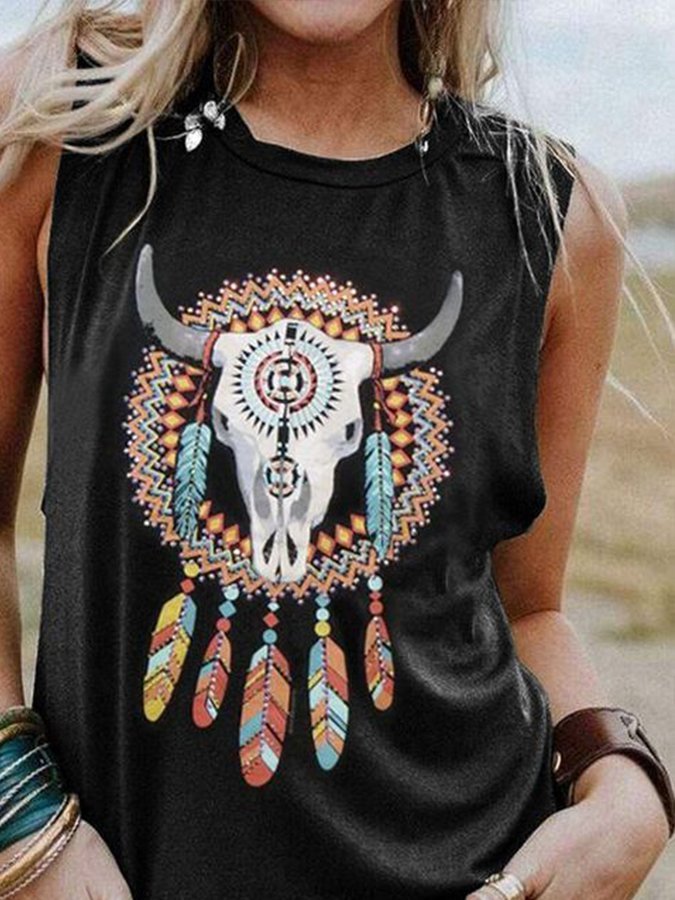 Western Feather Print Loose Tank Top