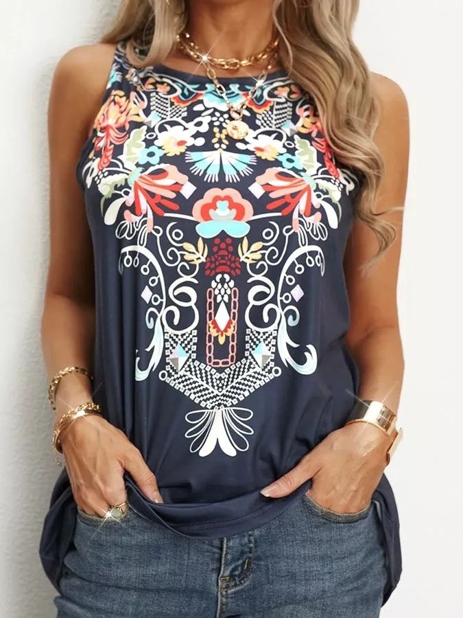 Vintage Ethnic Print Sleeveless Tank Top